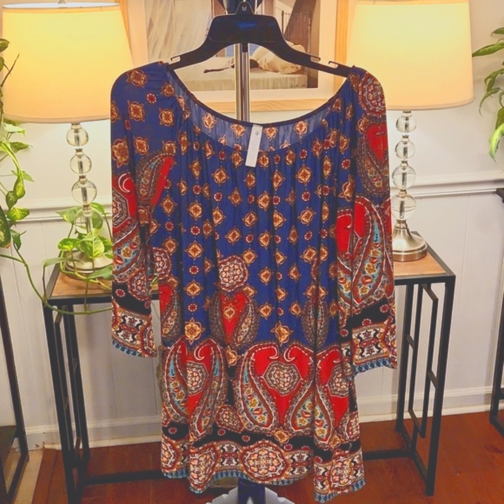 Paisley Grace top, Size L, multi-patterned on background of blue w/ reds & golds